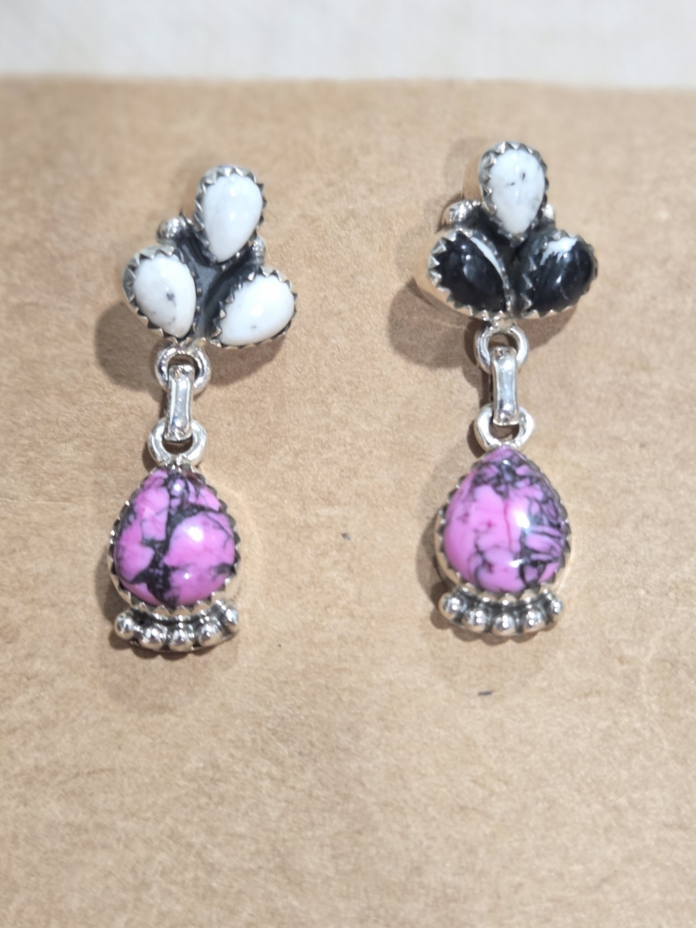 Cherry Blossom White Buffalo Turquoise Drop Earrings with Silver Accents